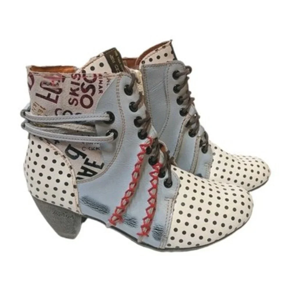 Maia Boho White Shoes Leather Lace-up Low Heel Ankle Boots EU 39 US 8.5 Polkadot